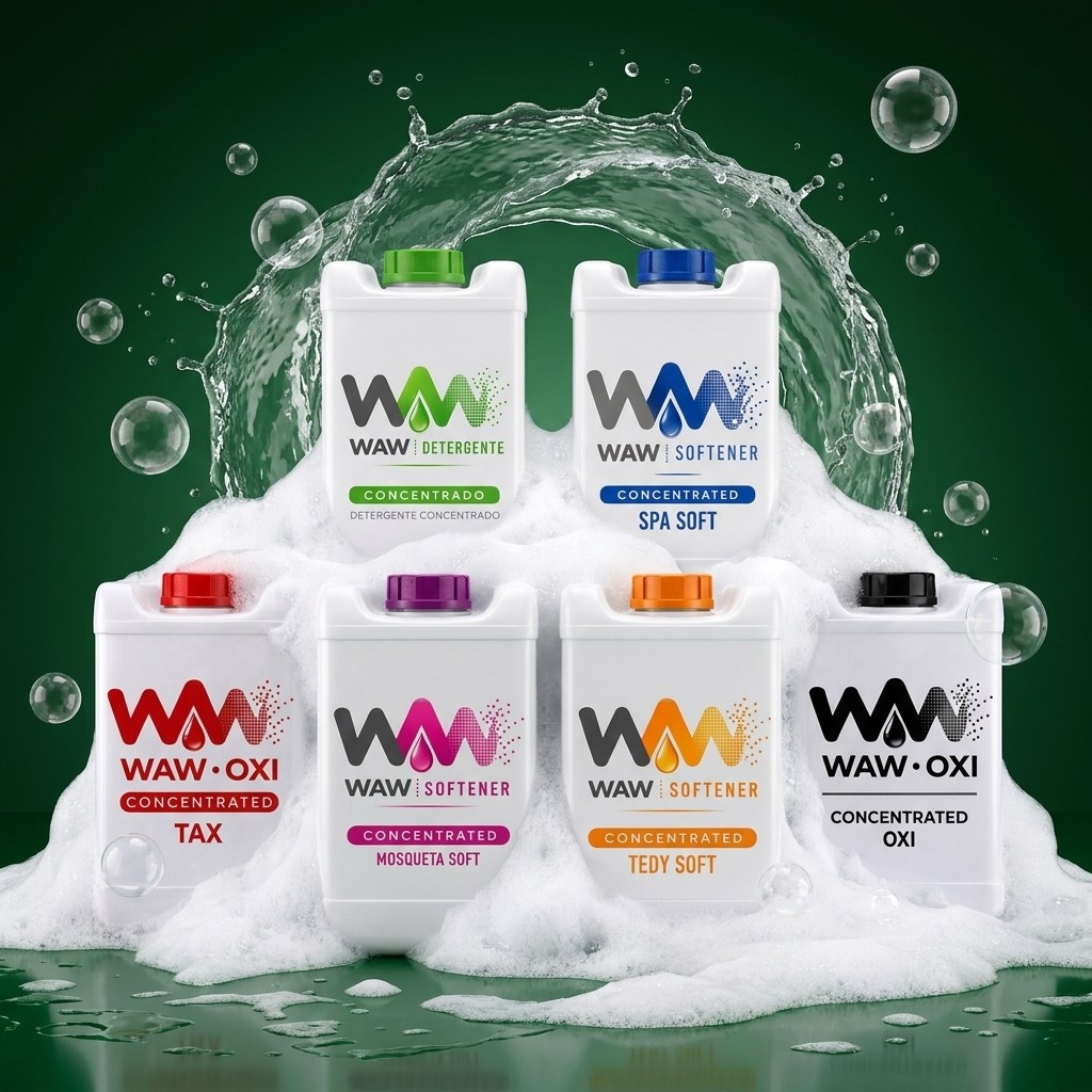 Las seis referencias de WAW entre burbujas y espuma: detergente concentrado, suavizantes Mosqueta, Spa y Tedy, desengrasante Oxi Tax y oxigenante Oxi.
